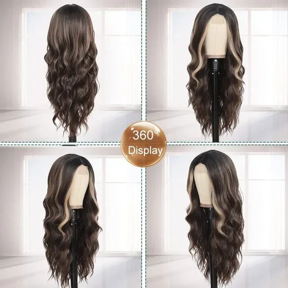 26 Inch  Wavy Ombre Brown Highlights Wig - Picture 3 of 6